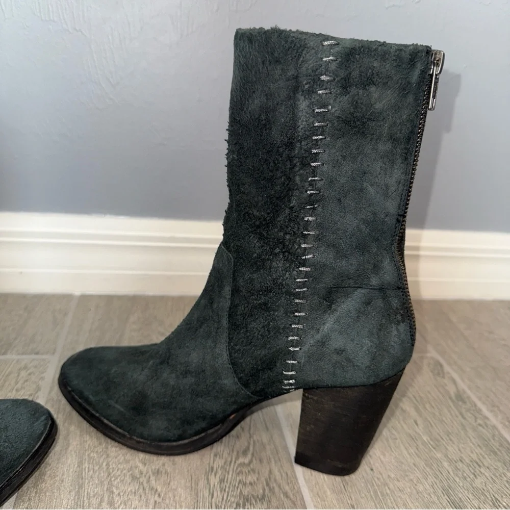 Free People Faded Black Suede Boots Distressed Leather Mid‎ Calf Heel US 8 (39)